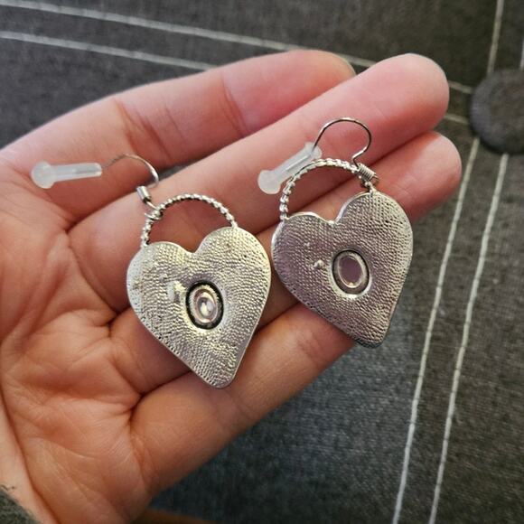 Boutique Textured Silver-Tone Heart-Shaped Earrings w/ Hot Pink Stone - Picture 6 of 6